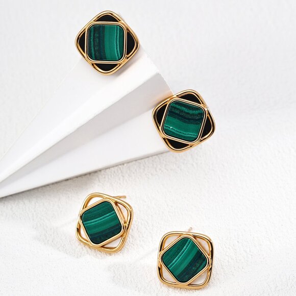 💚 Artisan Original Design Geometric Malachite Stud Earrings | S925 - Picture 4 of 5